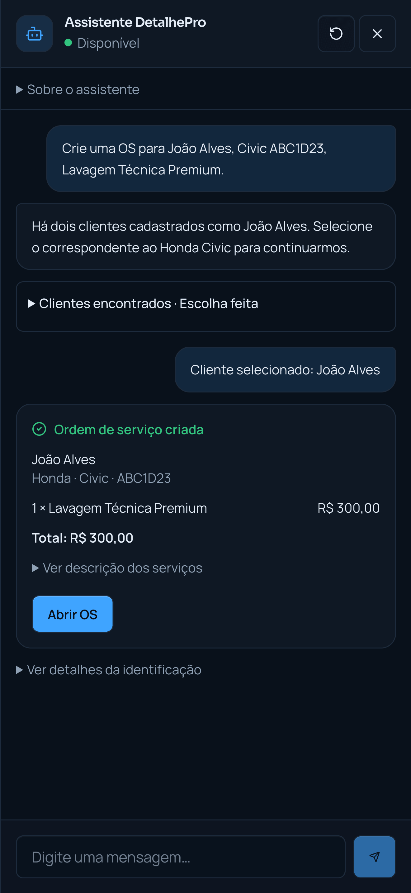 Conversa com o Assistente DetalhePro: pedido de criação de OS, escolha do cliente e confirmação de ordem de serviço criada, com botão para abrir a OS.
