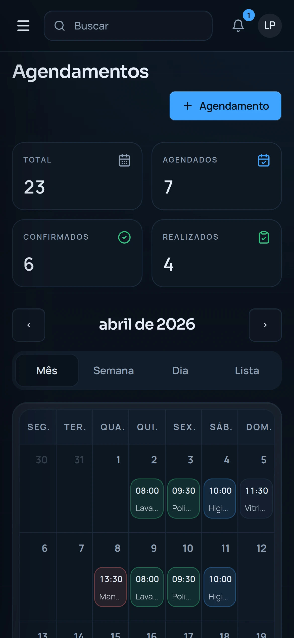 Tela de agendamentos do DetalhePro no celular.