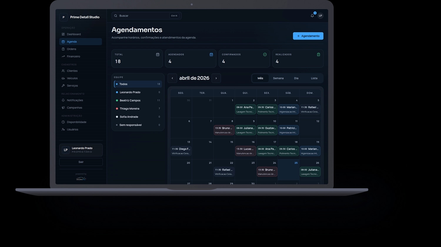 Tela de agendamentos do DetalhePro com calendário, equipe e status.