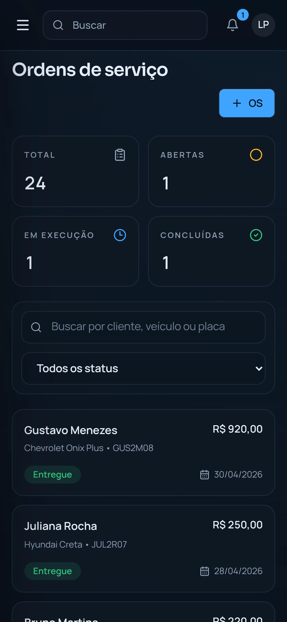 Tela de ordens de serviço do DetalhePro no celular.