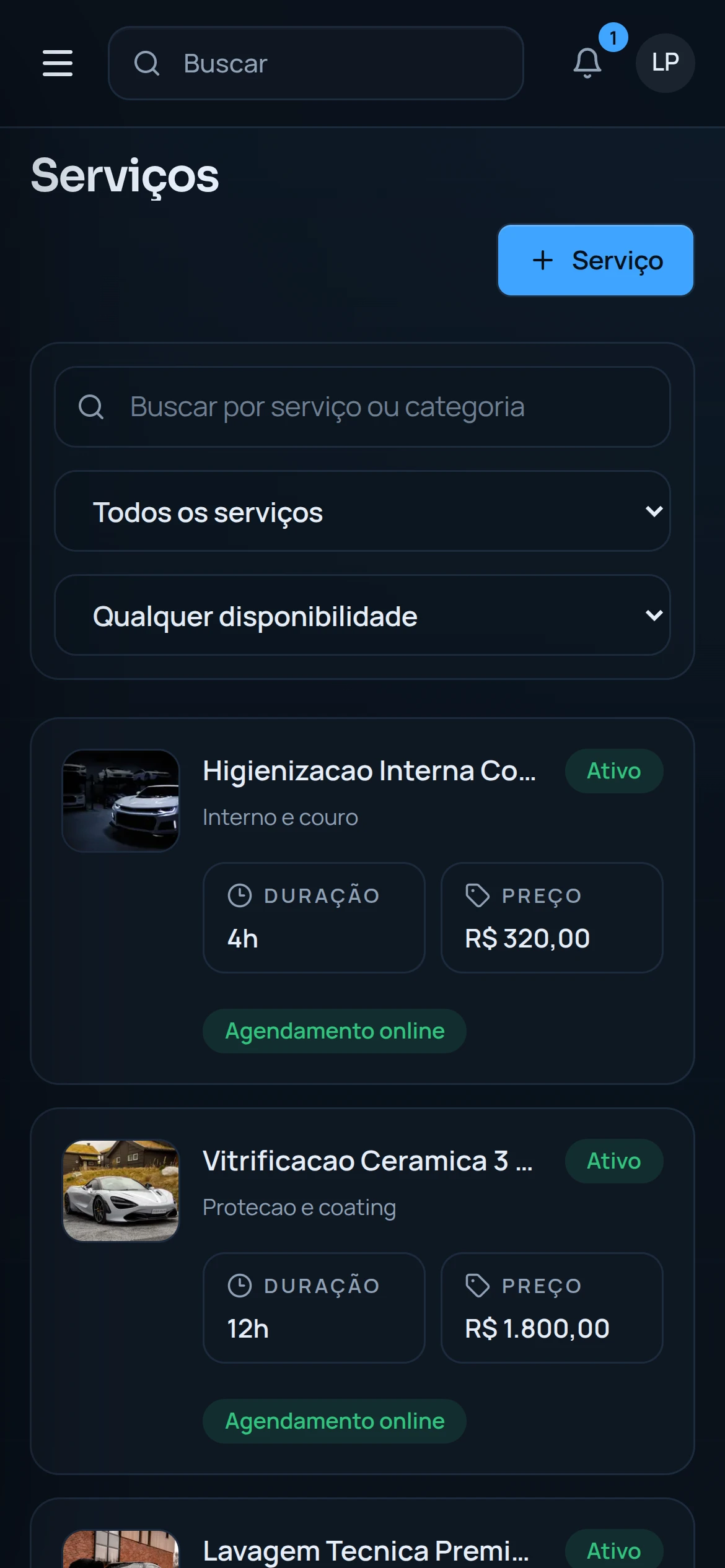Tela de serviços do DetalhePro no celular.